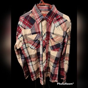 Rustled pearl snap button down shirt mens Medium X-Long tails plaid